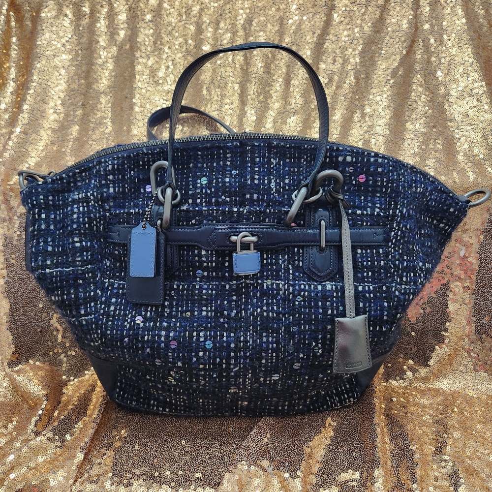 Coach Navy Blue And White Sequin Embellished Tweed Shoulder Bag